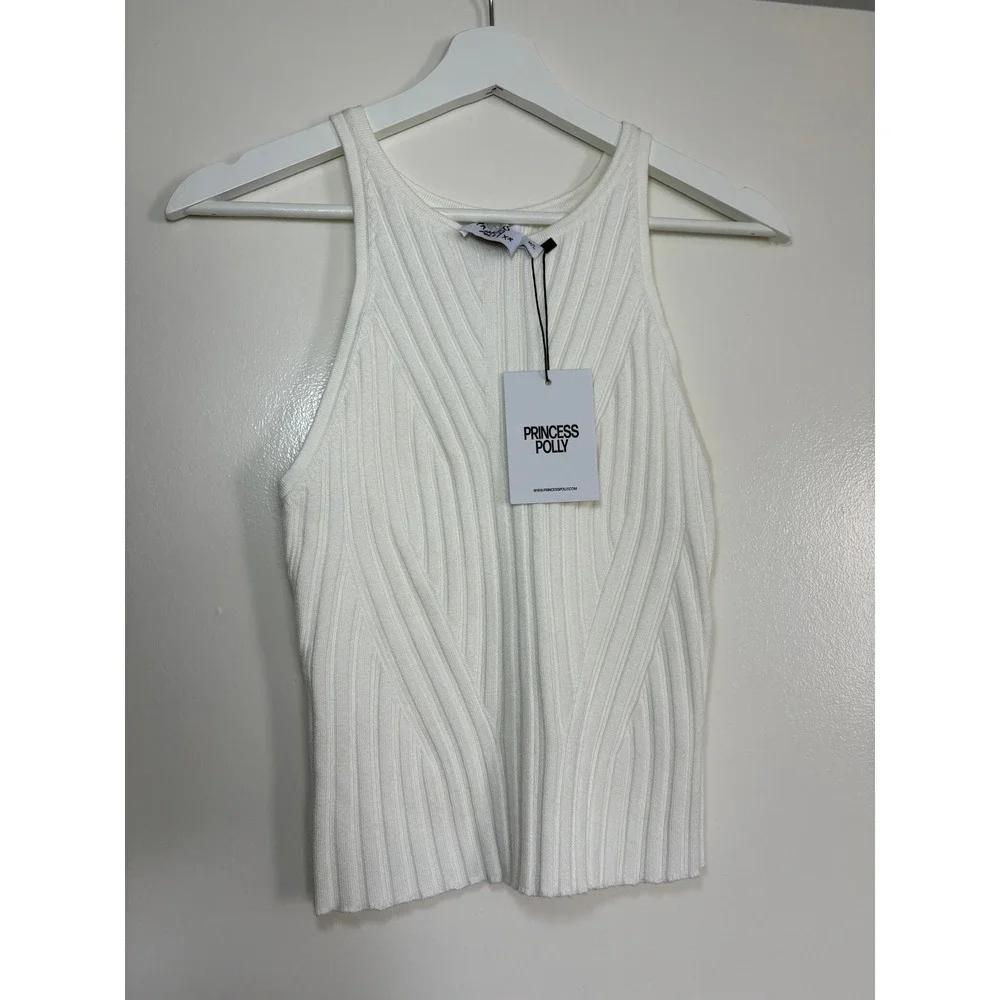 NWT Princess Polly Ishita Knit Top M/L White Ribbed High Neck Tank 1260323